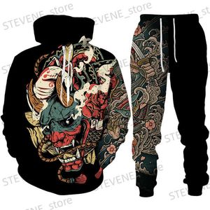 Erkek Trailsits Samurai Oni Maske Dövme 3D Baskı Hoodie/Suit Erkekler Harajuku Sokak Giyim Seti Marka Moda Erkekler 2 Parça Trailsuit Sportswear T231122