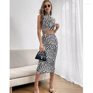 Vestidos de trabalho moda zebra padrão saias longas define mulheres verão sexy turtlenck tank tops saia de cintura alta ternos de duas peças