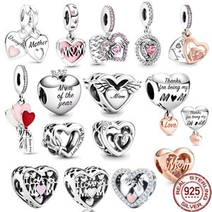 925 Sterling Silver Love You Mom Double Heart Split Dangle Charm Pärlor Fit Original Pandora Armband DIY Women Jewelry Gift