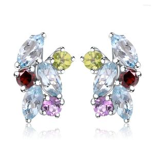 Stud Küpe Gem'in Balesi 925 STERLING Gümüş Mücevher Çok Molor Doğal Gökyüzü Mavi Topaz Garnet Peridot Ametist Kadınlar İçin