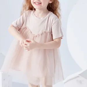 Платья для девочек, корейская детская одежда, лето 2023, с круглым вырезом, однотонное, в полоску, в стиле пэчворк, из сетчатой пряжи, повседневная одежда с короткими рукавами для девочек