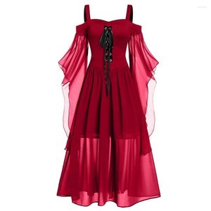Sukienki zwyczajne średniowieczne sukienkę z przędzą netto rękaw przednie bandaż krzyżowy siatka Sheer szyfonowa ubieranie talii ciasny gotycki punk