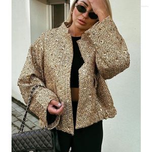 Women's Jackets Women Fashion Shiny Sequin Jacket Y2k Gold Color Stand Collar Long Sleeve Short Coat High Streetwear Befree Modis Limited