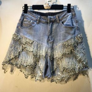 Kvinnors shorts 2023 Summer Heavy Industry Diamond Beaded paljett Mesh Hög midja