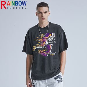 Magliette da uomo Rainbowtouches Washed Men T Shirt Vintage Unisex High Street Running Skulls Pattern Oversize Fashion Mens Graphic Funny 230422