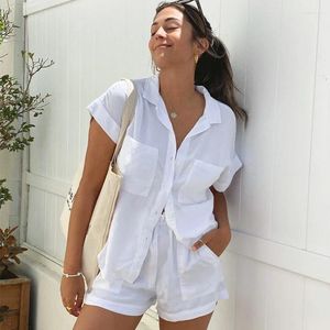 Kadınlar bluzlar Fransız tatil tarzı eğlence takım elbise 2023 yaz moda kadınlar kısa kollu gömlek şort toptan pamuk keten