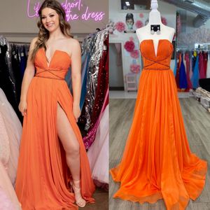 Orange Prom Dress 2k23 Strapless Pleated Chiffon High Slit A-Line Lady Pageant Formal Evening Event Party Runway Black-Tie Gala Gown Off-White Purple Low Open Back