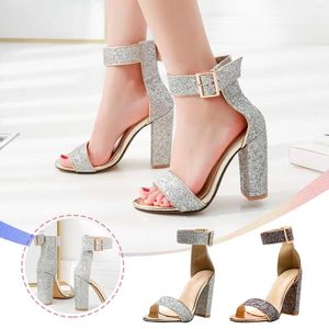 Sandals Fashion Ladies Thick Heel Sequin Ankle Buckle Open Toe High Women Womens Hiking With Arch Support