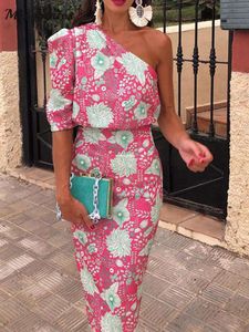 Flower Printed One Shoulder Maxi Dress Women Elegant Skew Neck Short Sleeve Dresses Lady Fashion Strapless Slim Clothes