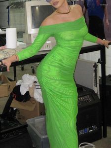 Freizeitkleider OMSJ 2023 Sexy Green Chic Langes Kleid für Frauen Elegante durchsichtige Doppelschichten Slash Neck Full Sleeve Bodycon Party Club