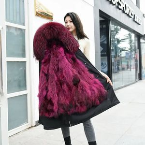 Women's Fur Faux Fur HANZANGL Women Fur Coat Winter Real Raccoon Fox Fur Detachable Liner Long Parkas Women Clothing 12 Color S-4XL 231122