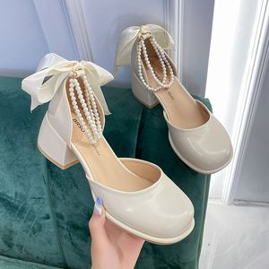 Sandaler kvinnor pumpar Mary Janes High Heels Shoes Lolita Summer Chunky String Bead Luxury Party Mujer Zapatos 230421