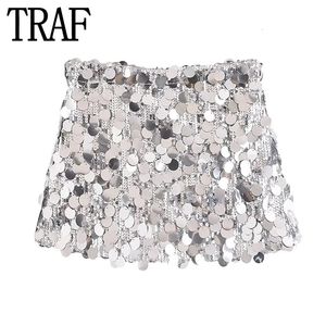 Saias traf lantejoulas saia feminina glitter prata saia curta mulher moda cintura alta mini saias de verão brilhante sexy saias femininas 231121