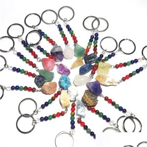 Keychains & Lanyards Irregar Ore Stone Key Rings 7 Colors Chakra Beads Chains Gem Charms Keychains Healing Crystal Keyrings For Women Dhjvk