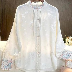 Kadın bluzları Çin tarzı iyileştirilmiş Hanfu Zarif Jacquard Üstü Kadınlar Retro Stand Yakası Uzun kollu beyaz bluz Tang Takım