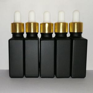 30ml Preto Fosco Vidro Reagente Pipeta Conta-gotas Frascos Quadrados Óleo Essencial Perfume Frasco de Óleos de Fumaça e Frasco Líquido com Tampa de Ouro Twjbj