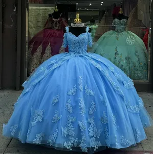 Elegante azul quinceanera vestidos fora do ombro 2024 applique doce 16 vestido de baile vestidos de 15 anos quinceaneras