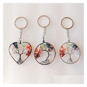 Keychains Lanyards Wire Wrap Tree of Life Reiki Healing Keyrings Natural Stone Heart Keychains Chakra Amethyst Pink Rose Crystal Key Dhjfn