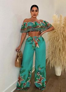 Kvinnors tvåbitar byxor Kvinnor Fashion Casual Short Sleeve Backless Off-Shoulder Top Elastic Long Printing Suit