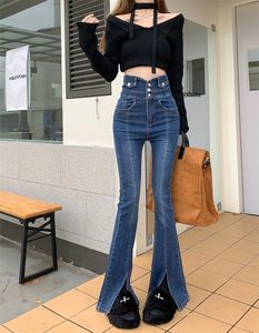 Kvinnors höga midja jeans bodycon tunika flare långa byxor vent Jag Sexiga byxor smlxl