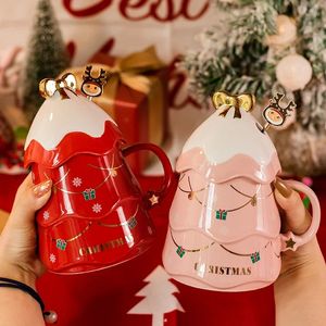 Mugs 500ml Christmas Ceramic Mug Milk Coffee Mug With Stirring Stick Breakfast Oatmeal Cup With Lid Office Water Cup Holiday Gift 231121