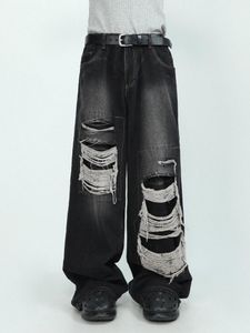 Męskie dżinsy Wysokiej klasy perforowane dżinsowe spodnie dla wzornictwa małe i luźne, szerokie nogi proste hiphop