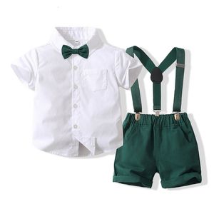 Roupas conjuntos de roupas de verão meninos de festa traje de algodão manga curta com shorts de cinto de camisa 2pcs Roupa de crianças garotos de roupas de casamento 230422