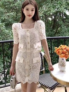 Work Dresses Summer Lace Skirt Suits 2 Piece Sets Women Outfits Elegant Square Collar Short Sleeve Shirt Top Mini Pink/white