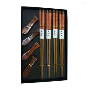 Chopsticks Japanese Style Tableware Thread Cutlery Sets Environmentally Friendly Portable Wooden And Chopstick Racks 4 Pairs