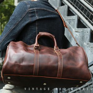 ダッフェルバッグGeunine Leather Vintage Men's Hand Luggage Bag Travel Bag Travelise大容量17インチラップトップ用シングルショルダーメッセンジャーボストンバッグ231122