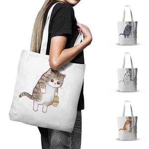 Alışveriş çantaları sevimli kedi baskılı portatif çevre çantası ve yan alışveriş çantası yok ısı transferi baskılı tuval çantası