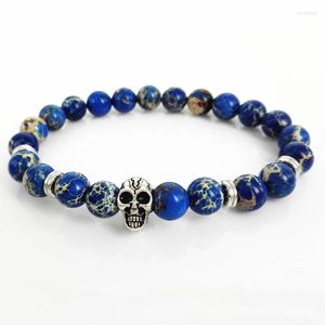 Strang-hochwertiger Herren-Schmuck-Einzelhandel 8 mm blaue Seesediment-Stein-Perle mit antikem kleinen Schädel-Armband-Yoga-Armband