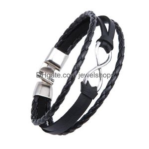 Charmarmband mtilayer wrap armband för män kvinnor oändlighet sier nummer åtta svart brun äkta ko läder flätad charm mode dhn7q