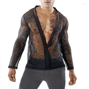 Magliette da uomo Manica lunga da uomo Vedere attraverso la maglia Sheer Hippy Party Clubwear Tee Top Camicia esotica lucida Costumi sessuali Canottiere