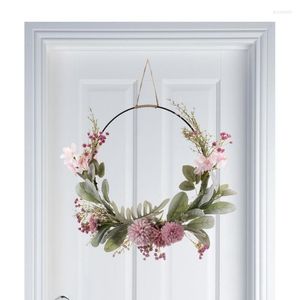 Decorative Flowers Spring Wreath Artificial Front Door With Pink And Green Leaves 41cm/16inch Round Hanger For Summer