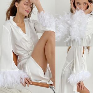 Vestidos de manhã de casamento da noiva conjuntos de robe inverno pijamas cerimônia branco luxo penas camisolas