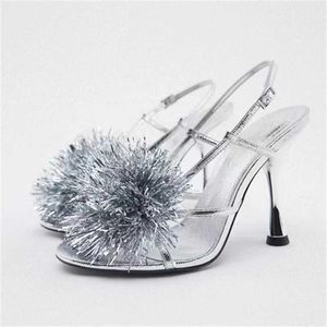 Dress Shoes Women High Heel Sandals TRAF 2023 SpringSilver Flower Ball Decoration Fashion High-heeled Pump Silvery Sexy Slingback Lady Shoes