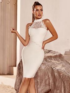 Abiti casual Donna Elegante abito da festa formale bianco senza maniche Fasciatura in pizzo aderente sopra il ginocchio High Street Evenign Club Uscire