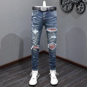 Herr jeans mode streetwear män hög kvalitet retro blå stretch mager rippad röd lappedesigner hip hop varumärke byxor