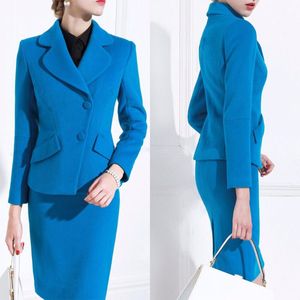 Schicke Frauen-Kleid-Anzüge, blau, Woll-Langarm, Büro, weiblich, Streetwear, Sportbekleidung, zweiteilige Sets