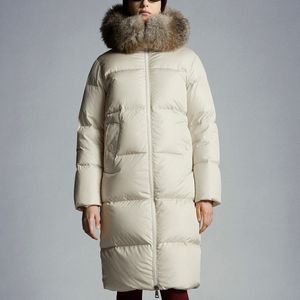 Monclairer Marrionnier Winter Lange Damen Daunenjacke Pelzkragen Kapuze Pufferjacke Armabzeichen Daunenmantel Warm Mantel Größe 0–3