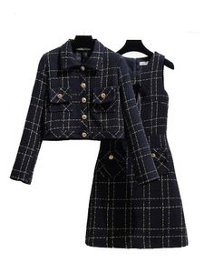 Two Piece Dress Spring Women's 2 Piece Knee Length Jacket Dress Tweed Jacket and Sleeveless Dress Plaid Two Piece Suit Coat Mini Tweed Dress 230422