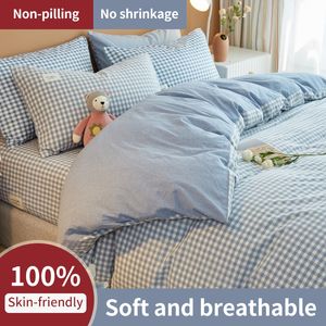 Sängkläder sätter mode blå rutig täcke täcke set 2pillowcases ingen ark hudvänlig andningsbar singel/par/tvilling/full 230422