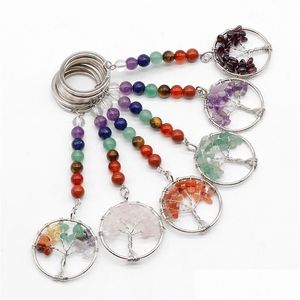 Keychains Lanyards 7 Chakra Beads Chain Fluorite Key Rings Lapis Amethyst 30mm Chip Stone of Life Pendant Keychain Gift Natural Dhogy