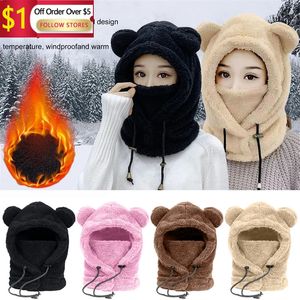 BeanieSkull Caps Shu Cotton Wool Mask Integrated Hat Woman Winter Cycling Warm And Windproof Autumn Bear Scarf Neck 231122