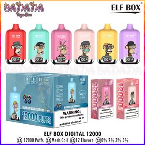 Authentic Puff 12K Elf Box Digital 12000 Puffs Disposable E Cigarettes 0% 2% 3% 5% Mesh Coil Rechargeable Vaporizers 25ml Pre-filled Pod 12 Flavors