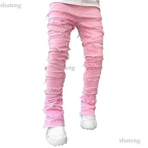 Jeans masculinos regular ajuste empilhado remendo angustiado destruído calças jeans retas streetwear roupas casuais jean 463