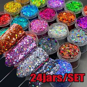 Akrylowe proszki płyny 24 kolory opalizujące gwóźdź Art Glitter Sequins Zestaw Net5G Holograficzne kolorowe błyszczące płatki sześciokątne S butelkowane 231121