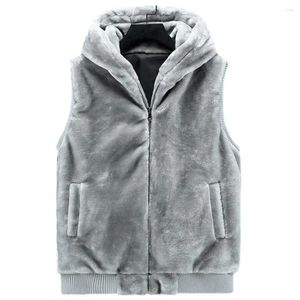 Men's Vests Men Winter Vest Soft Plush Faux Fur Hooded Sleeveless Thickened Zipper Closure Pockets Cardigan Warm Mid Length Waistcoat