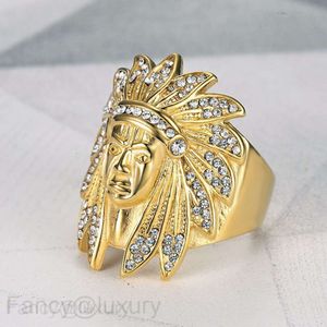 New Hip Hop Hiphop Ring Titanium Steel Gold Plated Diamond Inlaid Indian Chieftain Men's Ring